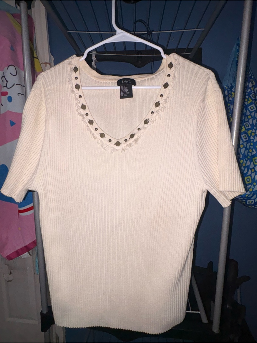 R.O.S. Cream Ribbed V-Neck Short Sleeve Top with Stud Trim